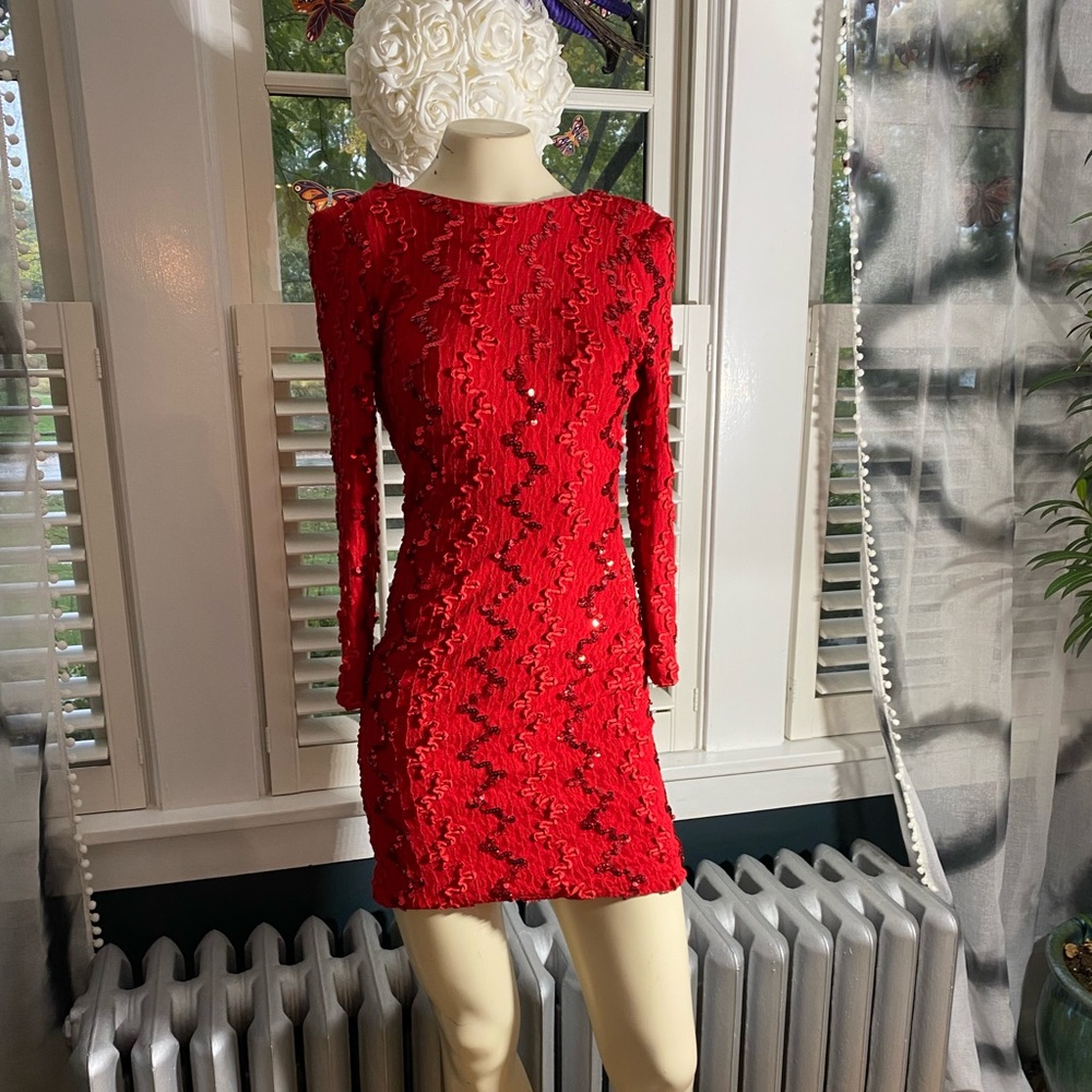 Vintage Gigi’s closet red ribbon and sequin dress with shoulder pads open back